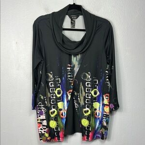 Ali Miles Black Abstract Print Cowl Neck 3/4 Sleeve Tunic Top Medium